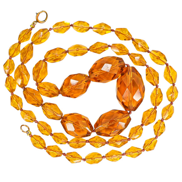 Vintage Faceted Amber Glass Beaded Necklace – Hand Knotted Graduated 1930s Czech - Picture 2 of 7